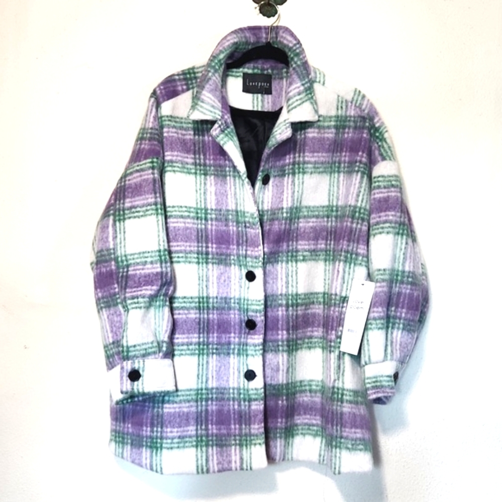NWT Love Poem Shacket Button Front Green & Purple Plaid Coat Large